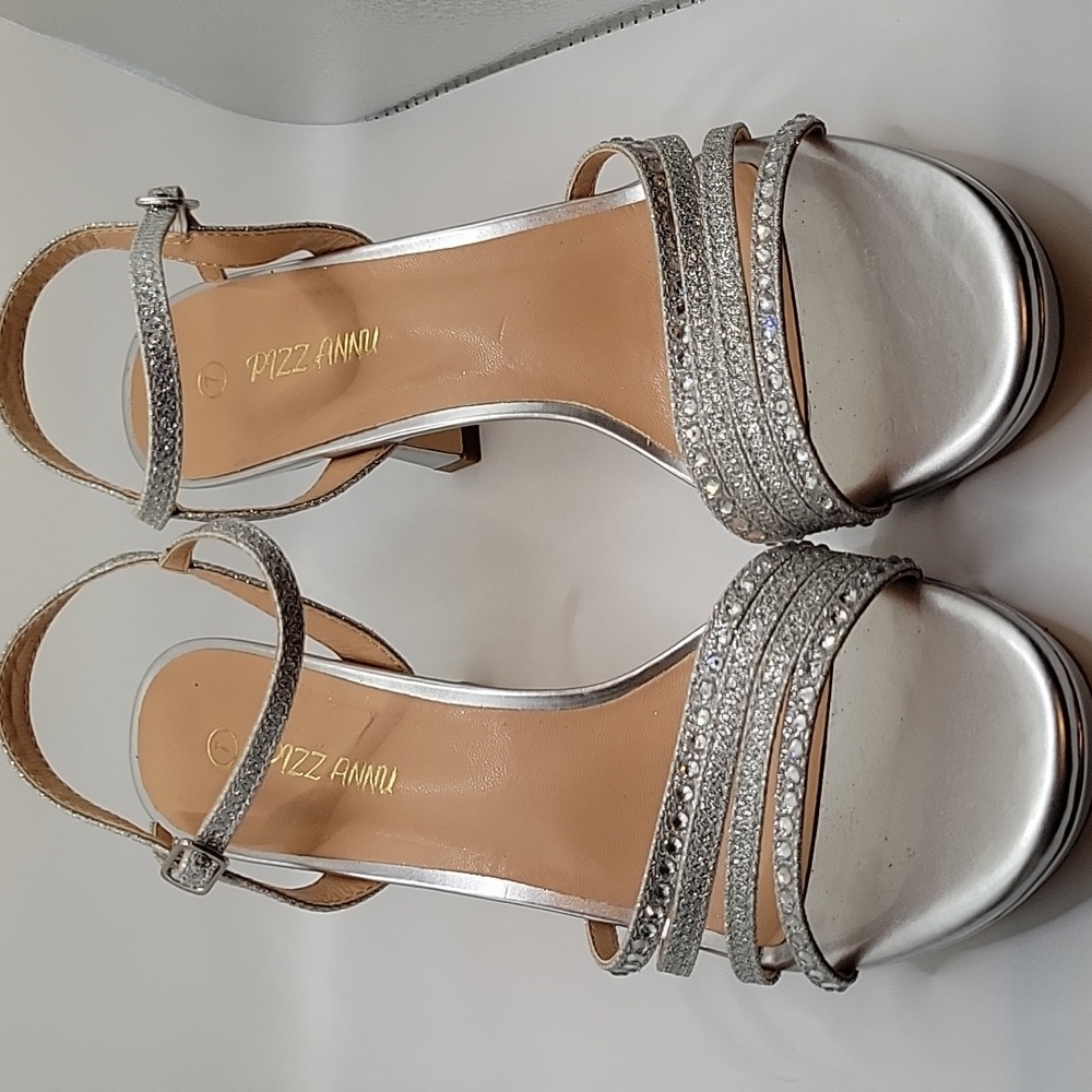 Pizz annu Silver Bling High Heel Shoes Size 7 Bride Wedding Cruise Party
